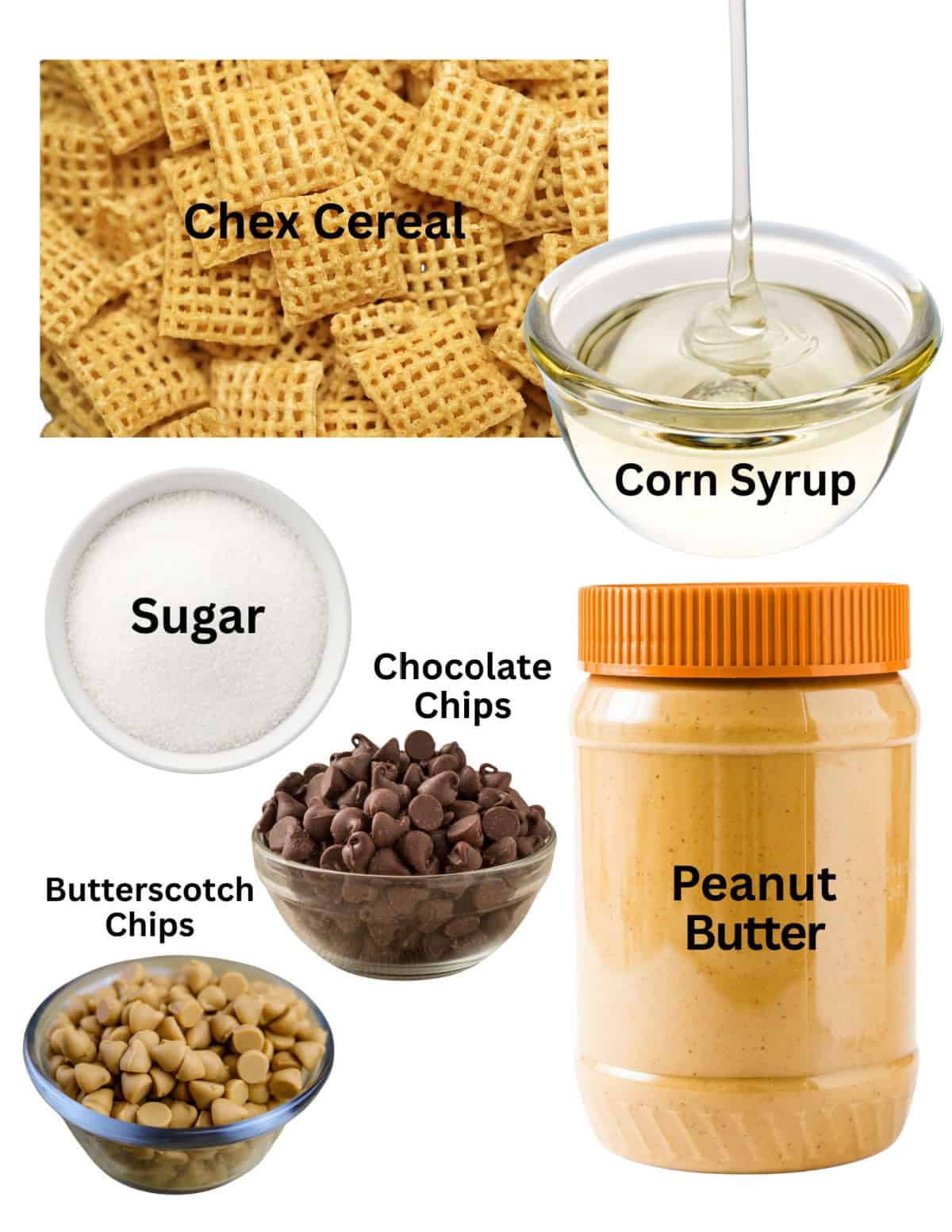 Chex cereal, bowls of sugar, corn syrup, chocolate chips, butterscotch chips, and container of peanut butter.