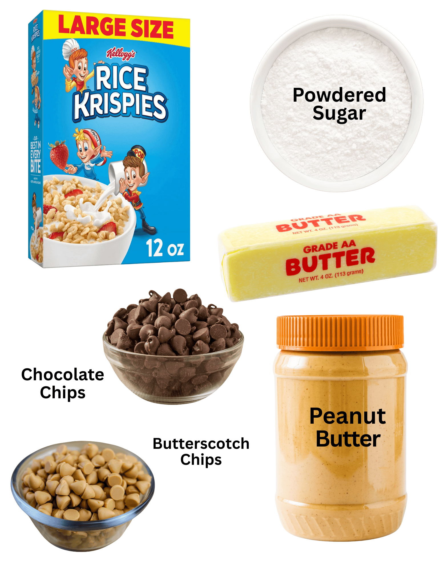 Box of rice krispies treats, bowls of powdered sugar, chocolate chips and butterscotch chips, stick of butter and container of peanut butter.