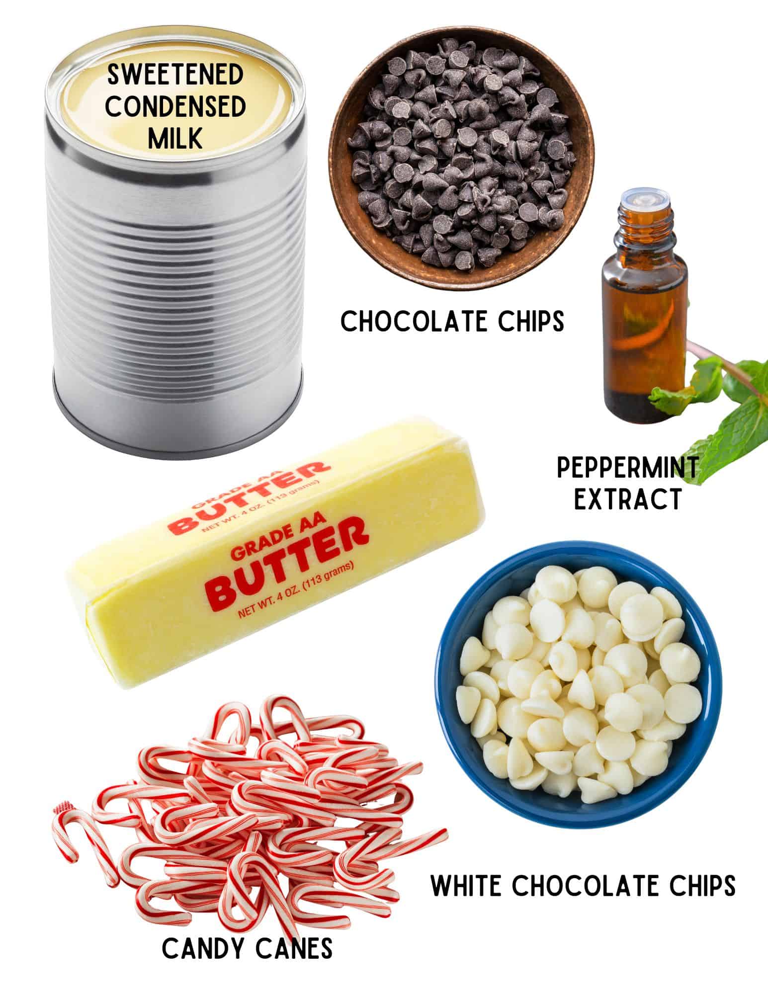 Can of sweetened condensed milk, bowls of chocolate chips and white chocolate chips, stick of butter, bottle of peppermint extract and mini candy canes.
