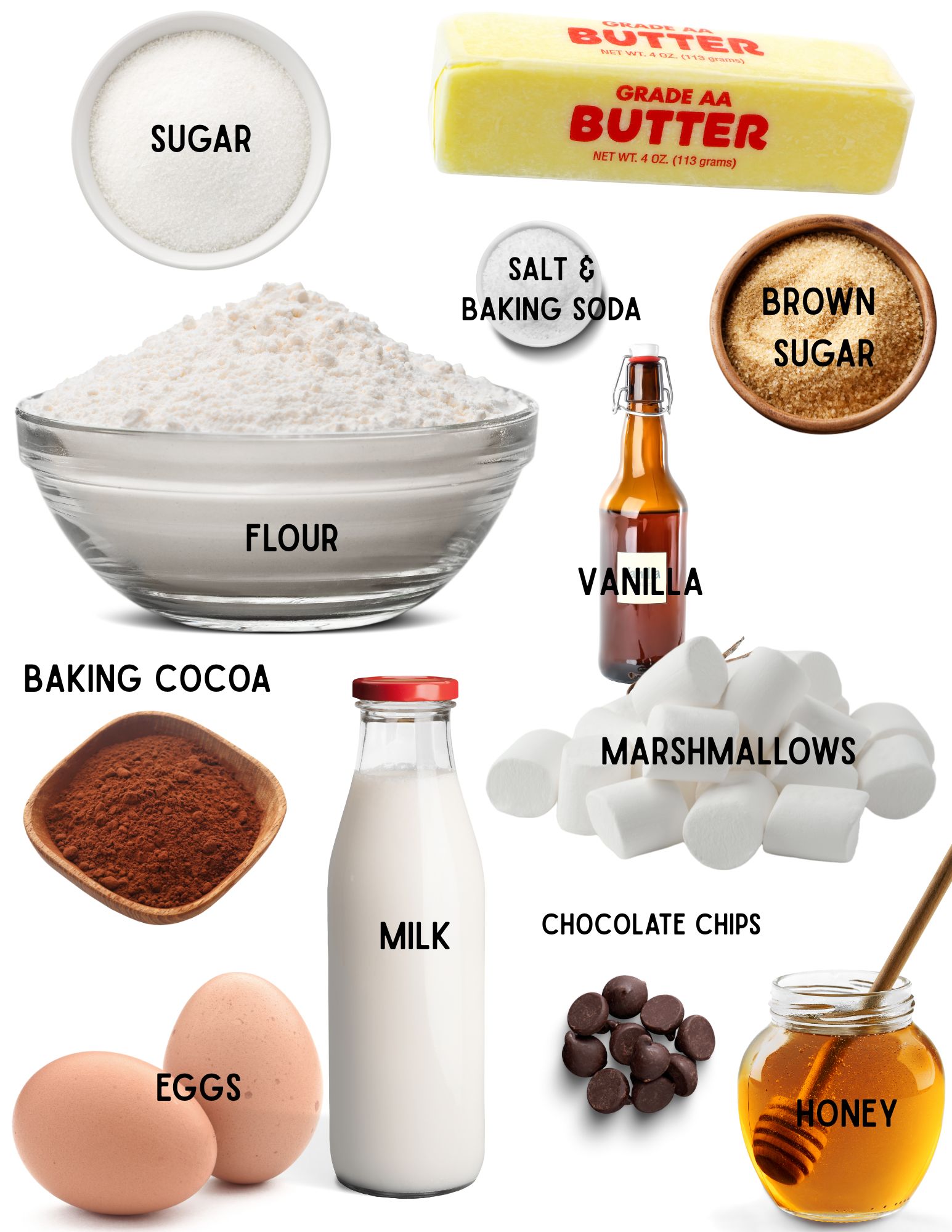 Bowls of sugar, brown sugar, salt, baking soda, flour and baking cocoa, eggs, bottles of vanilla and milk, jar of honey, marshmallows and chocolate chips.