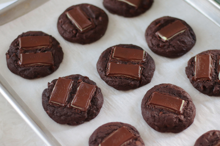 double chocolate cookies on baking sheet