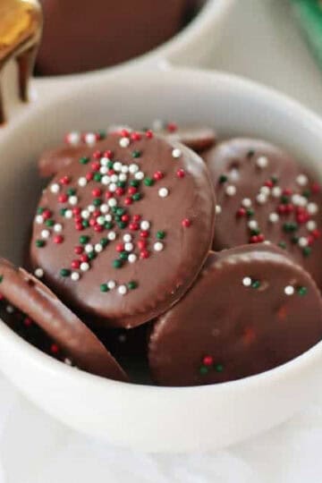 A bowl of homemade thin mints.