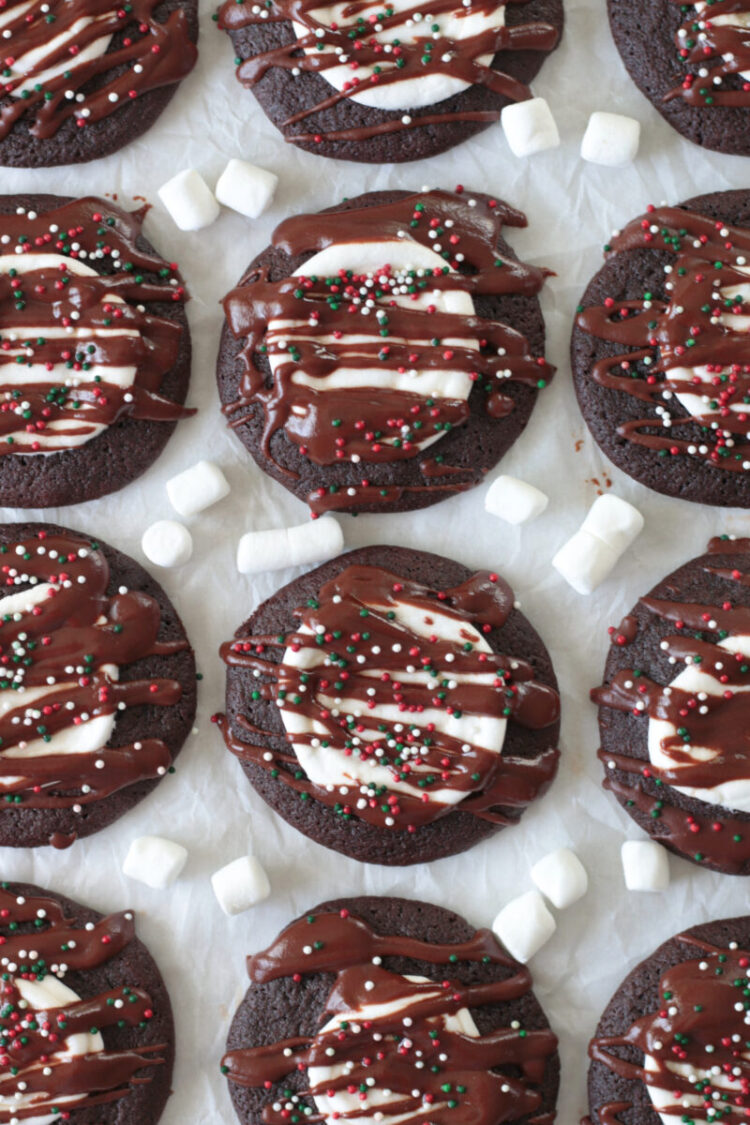 hot cocoa cookies on parchment paper