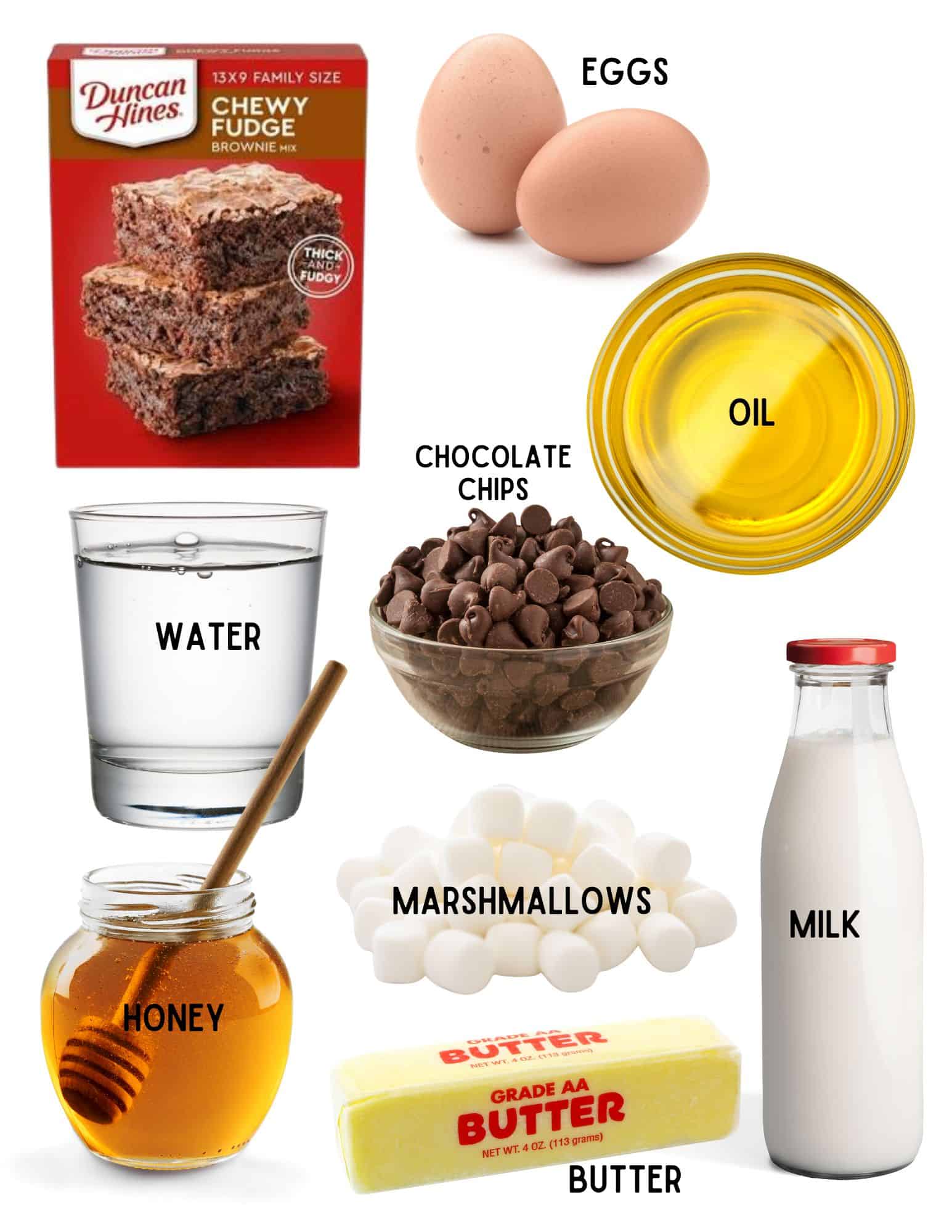Box of brownie mix, eggs, oil, water, milk, honey, chocolate chips, marshmallows and a stick of butter.
