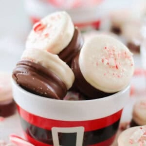 Bowl of peppermint chocolate covered oreos.
