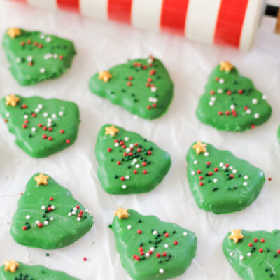shortbread Christmas tree cookies on parchment paper