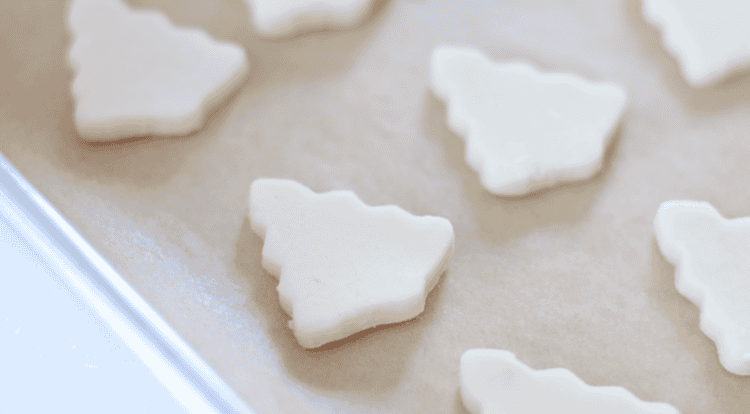 mini tree shortbread cookies on baking sheet