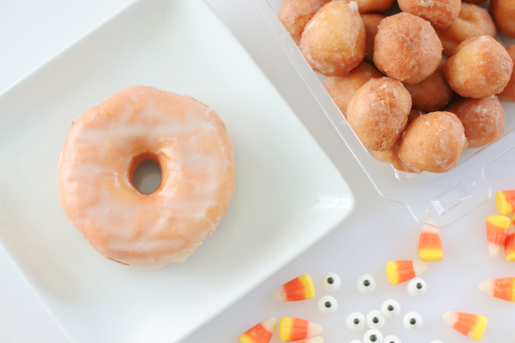 donut, donut holes, candy eyes and candy corn