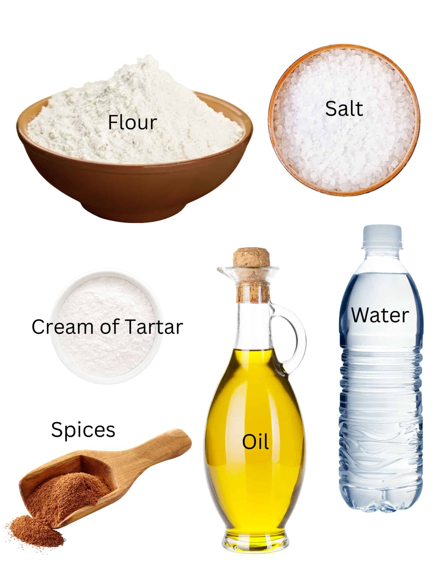 Bowls of flour, salt and cream of tartar with bottles of water and oil and pile of spices.