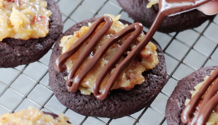 German Chocolate cookie with chocolate drizzled over it