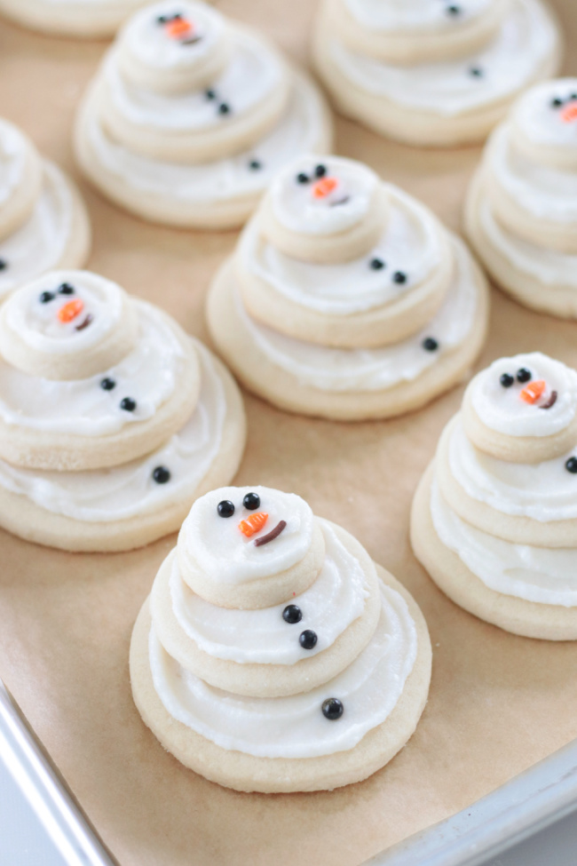 cookie sheet of snowman cookies