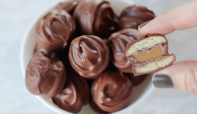 hand holding homemade Twix bite