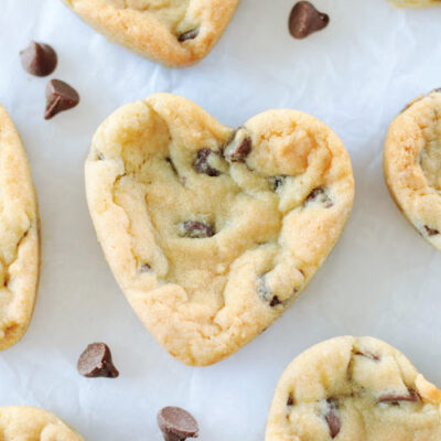 heart chocolate chip cookies on parchment paper