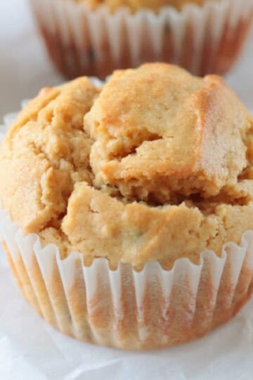 Peanut butter muffin in a muffin liner.