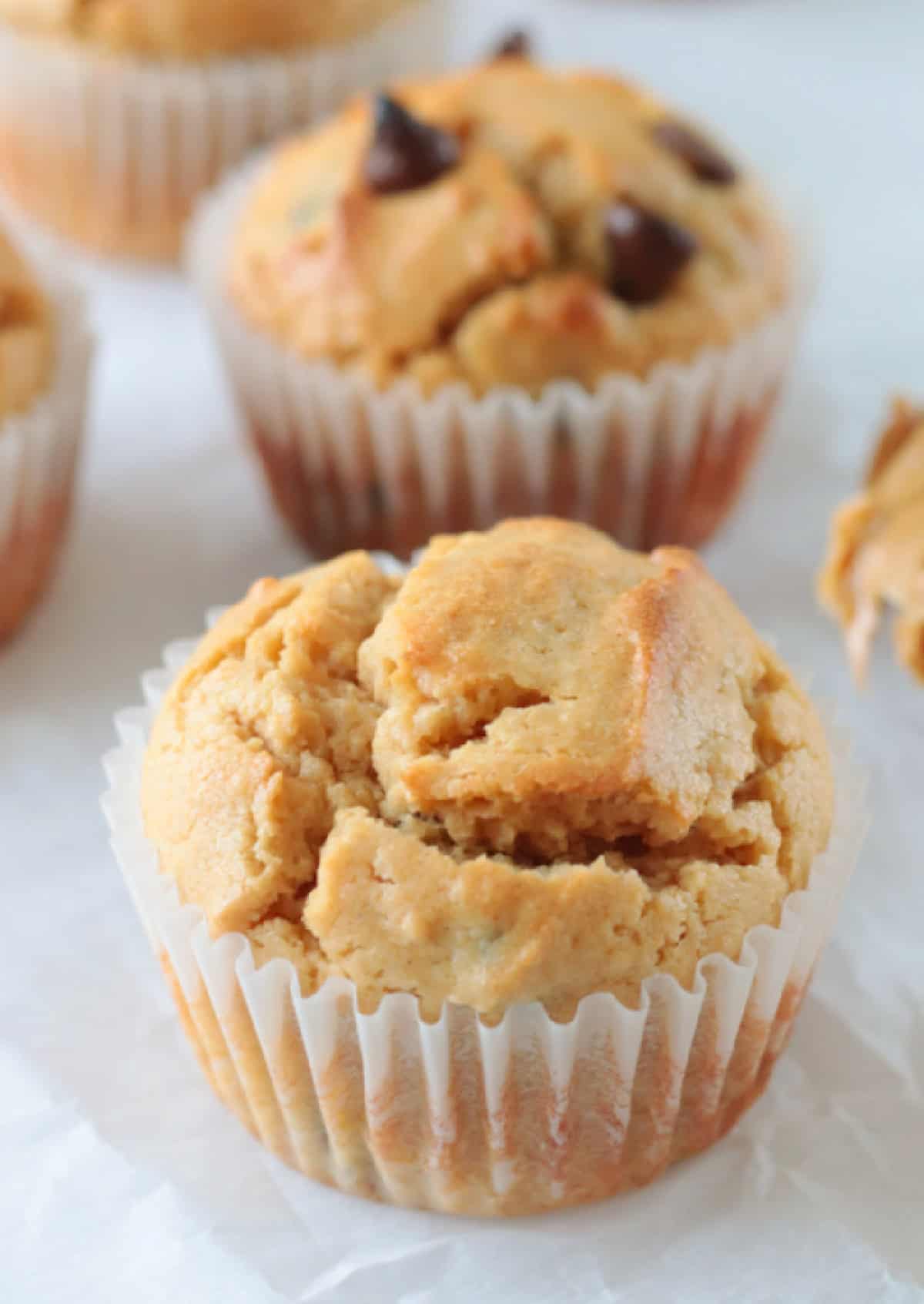 Peanut butter muffins with and without chocolate chips.