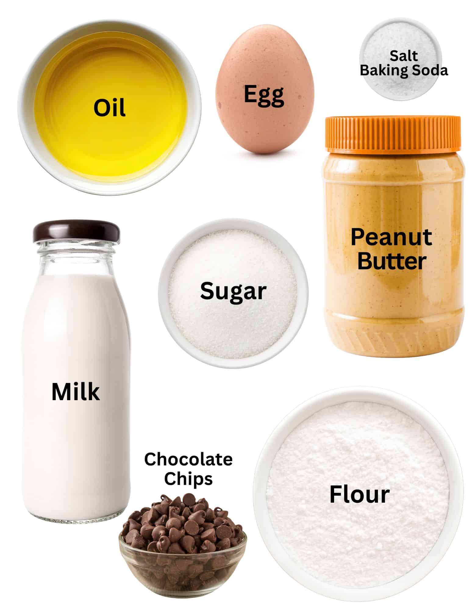 Bowls of oil, baking soda, baking powder and salt, sugar, flour, bottle of milk, jar of peanut butter, an egg and bowl of chocolate chips.
