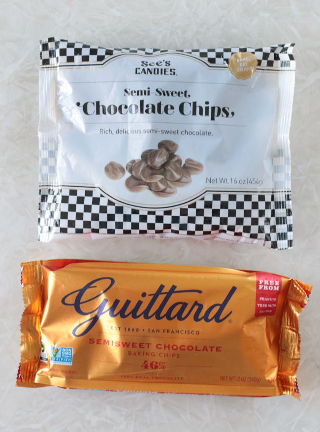 bag of see's chocolate chips and bag of Guittard chocolate chips