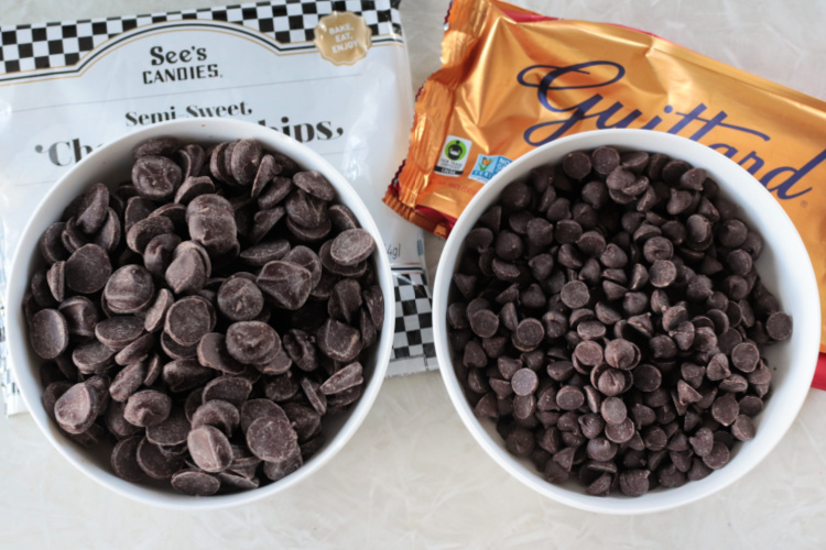 bowl of see's chocolate chips and bowl of Guittard chocolate chips