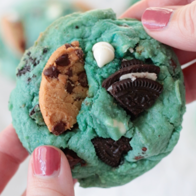 hand holding blue chocolate chip cookie