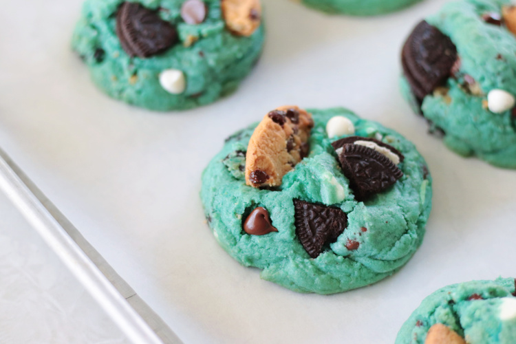 blue Cookie Monster cookies on baking sheet