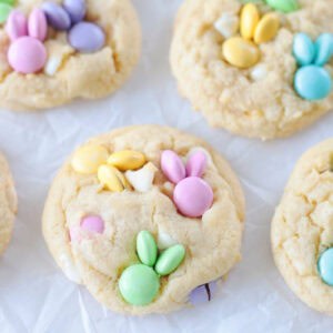 Pastel M&M bunny cookies.
