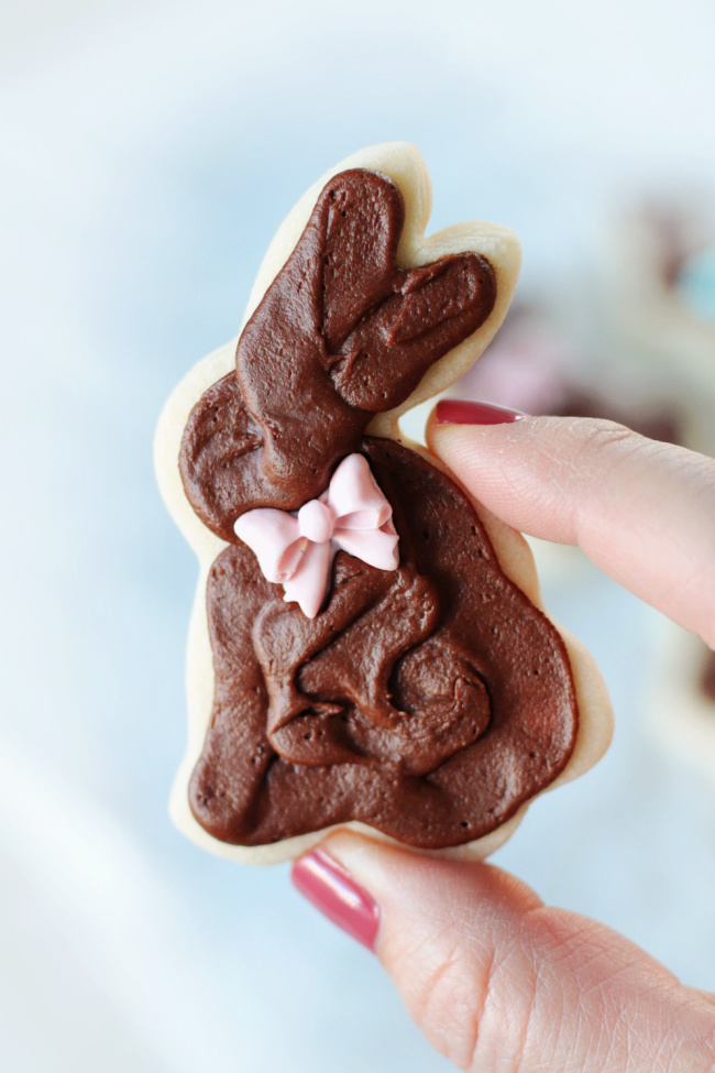 hand holding chocolate bunny cookie