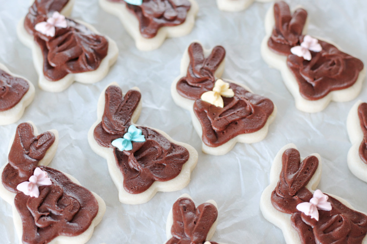 chocolate bunny cookies on parchment paper
