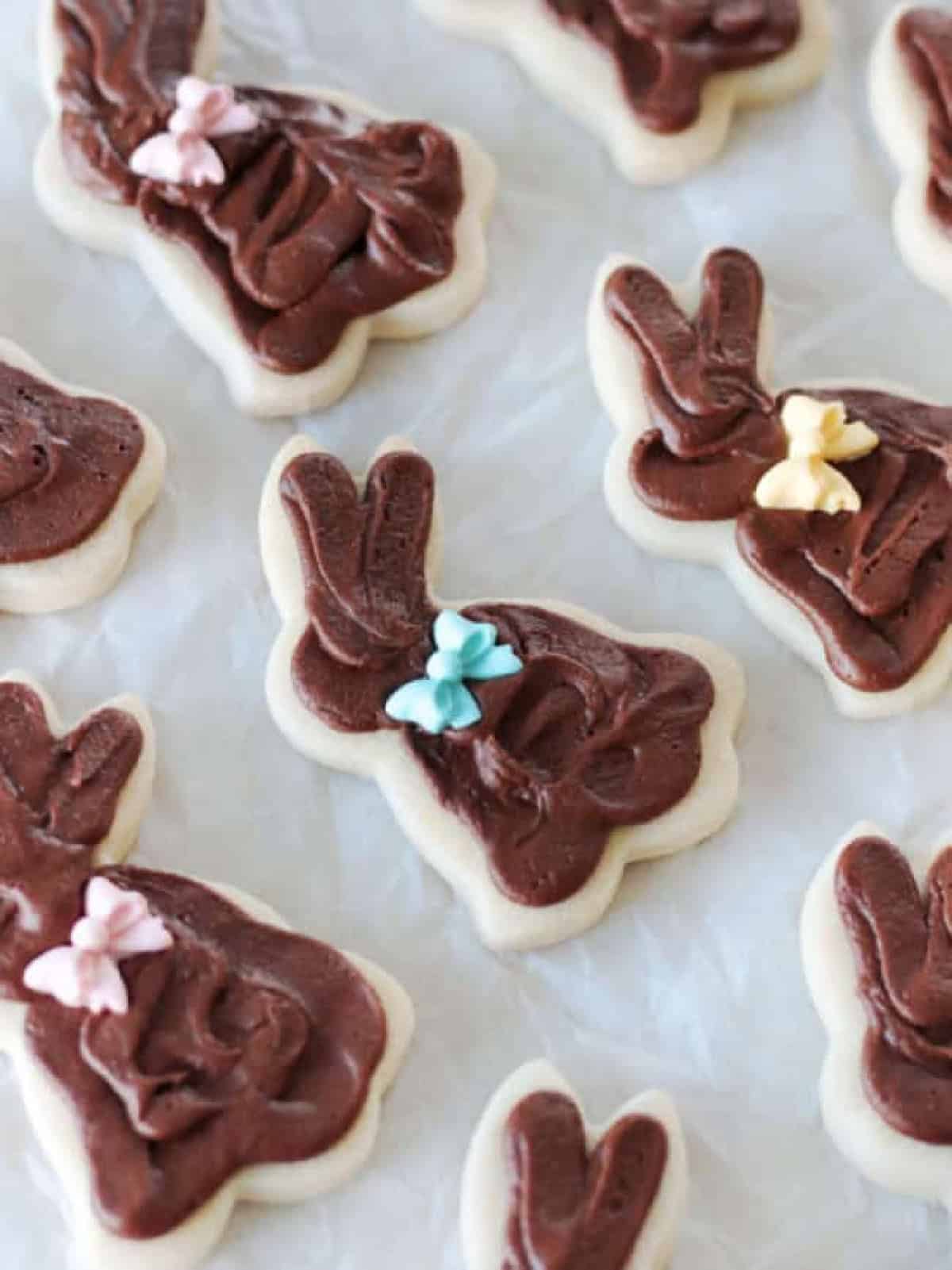 Frosted bunny shaped shortbread cookies.