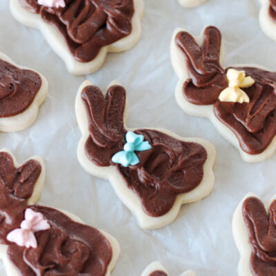 frosted fudge bunny cookies on parchment paper