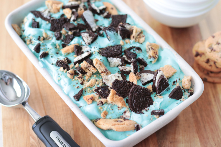 Cookie Monster ice cream in loaf pan.