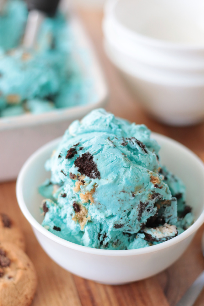 scoop of Cookie Monster ice cream in white bowl