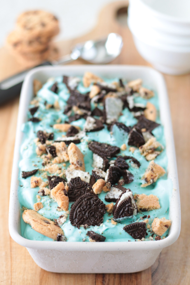 no churn Cookie Monster ice cream in loaf pan