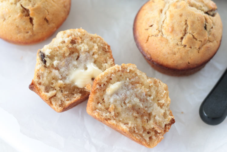 buttered and sliced raisin nut bran muffins