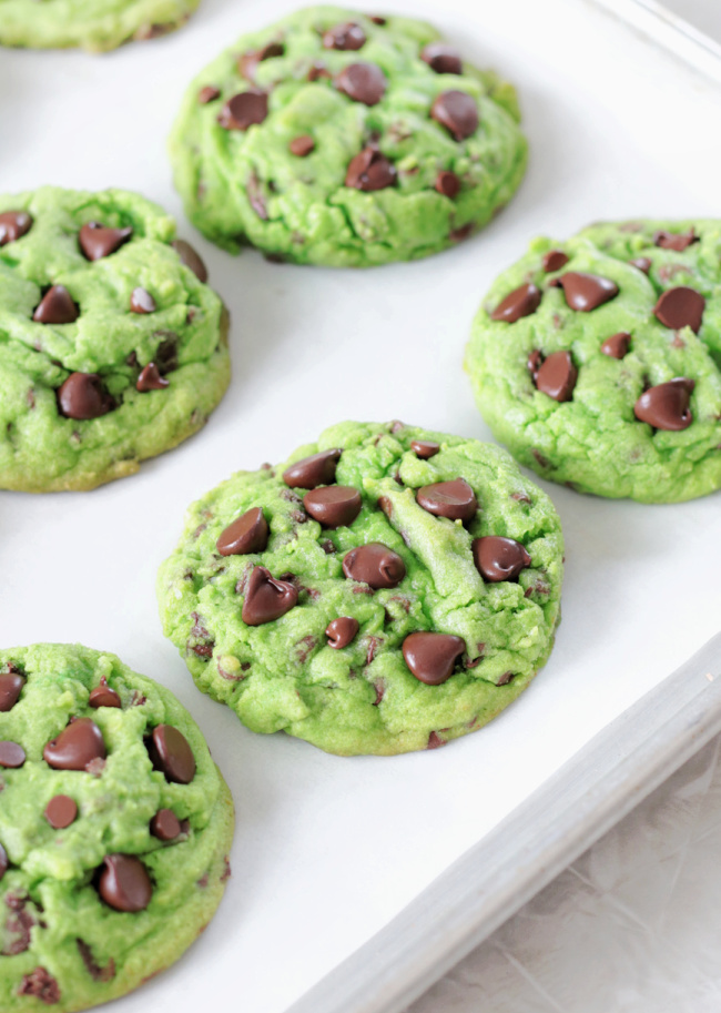 tray of mint chocolate chip cookies