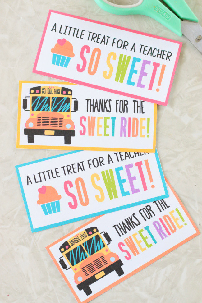 variety of bus driver and teacher gift tags cut out