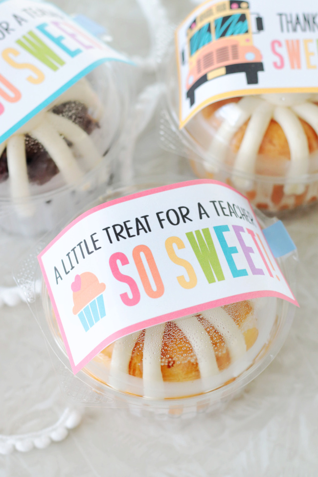 mini bundt cake with teacher gift tag taped to the top