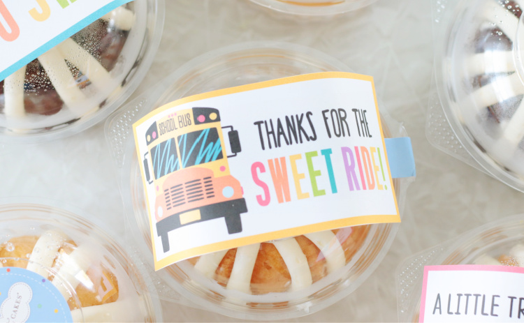 mini bundt cake with bus driver printable tag taped to the top
