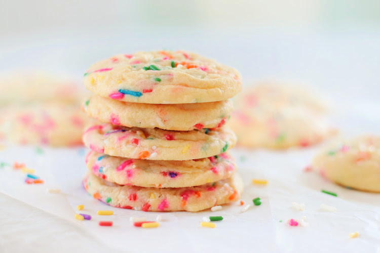stack of funfetti sprinkle sugar cookies
