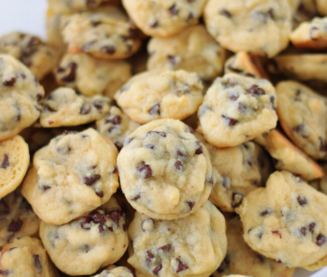 mini chocolate chip cookies in a container