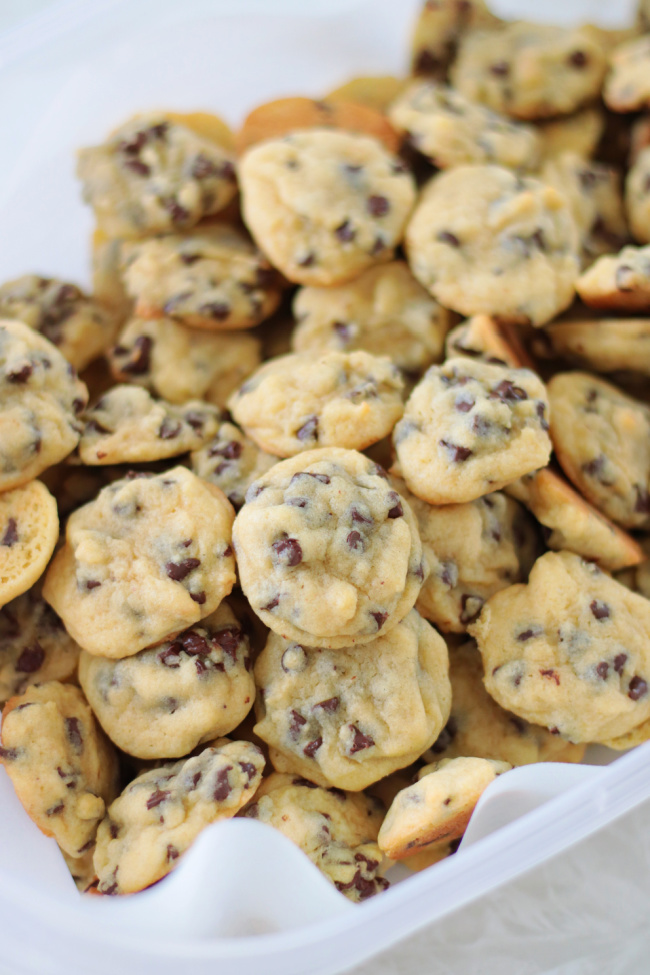 mini chocolate chip cookies in a container