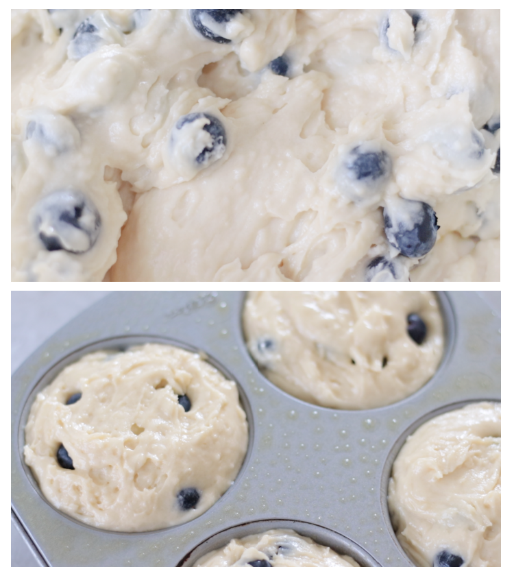 muffin batter in bowl and in muffin pan