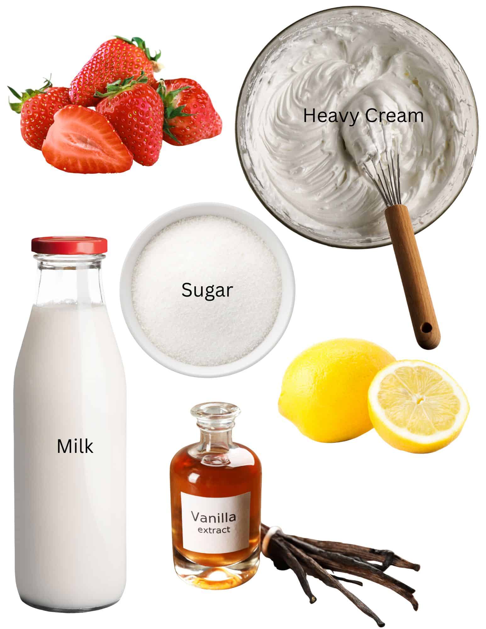 Strawberries, bowl of sugar, bowl of heavy cream, bottle of milk, a lemon and bottle of vanilla extract.