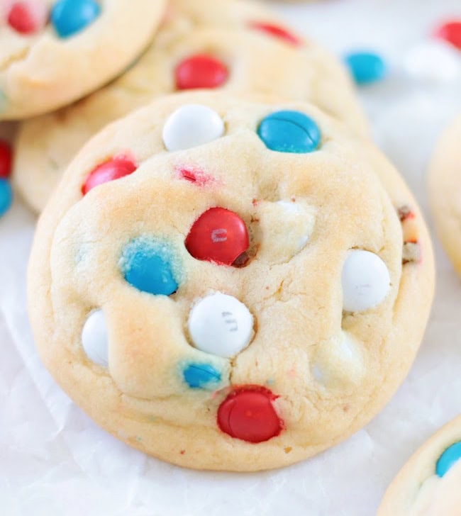 M&M Cookies piled on top of each other