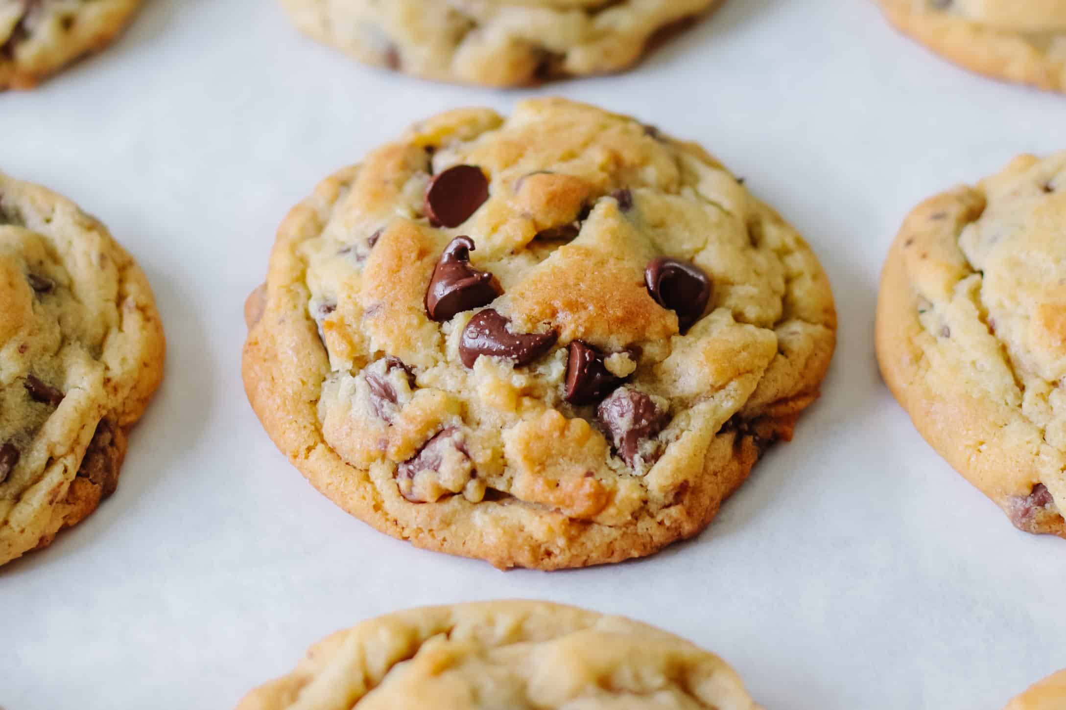 Chocolate chip cookies on parchment paper.