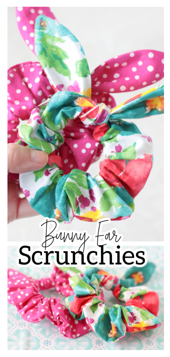 hand holding two bunny ear scrunchies