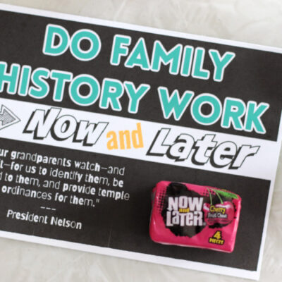 family history printable card with candy glued to the front