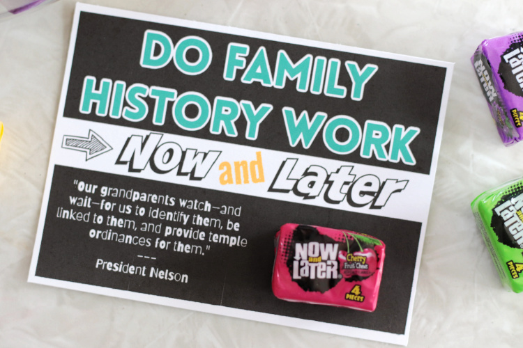 family history printable card with candy glued to the front