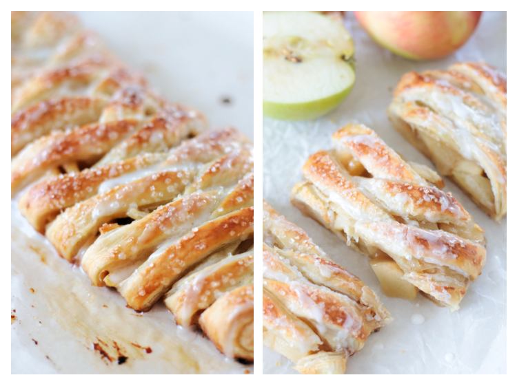 side by side of apple danish braid uncut and cut into slices.