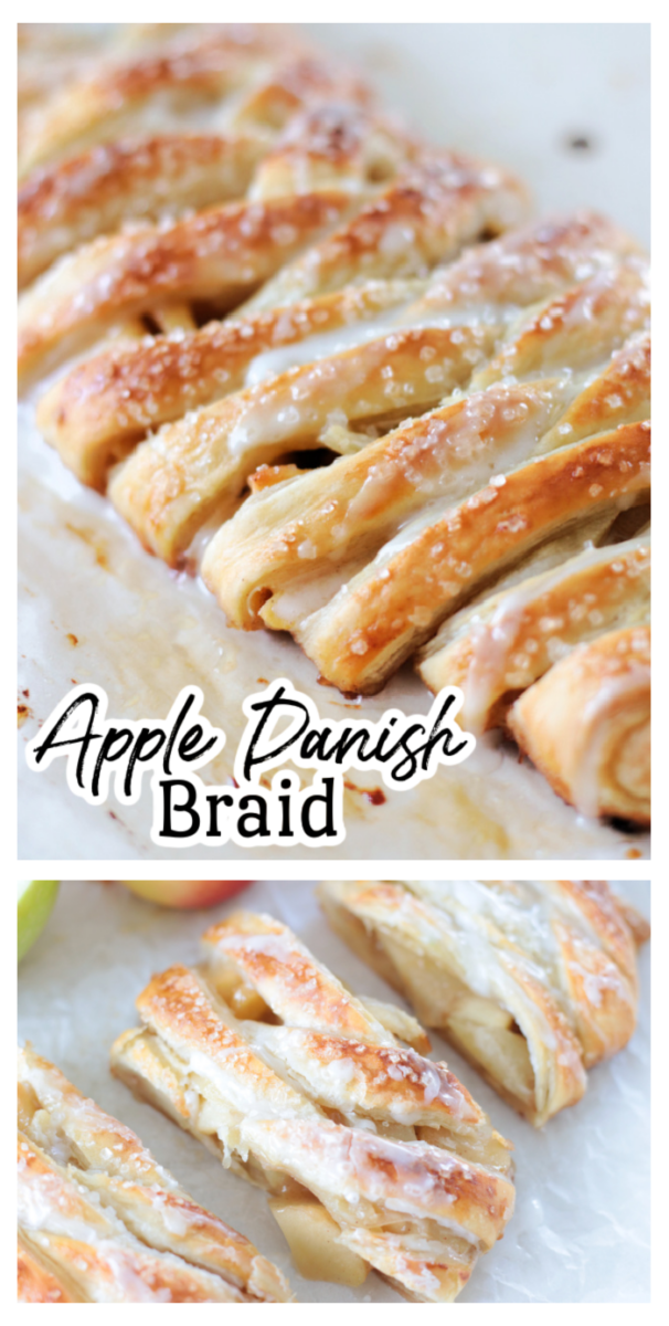 apple danish braid with icing drizzled on top