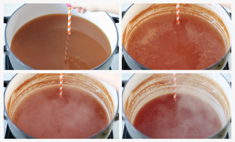 boiled cider in dutch oven at different stages